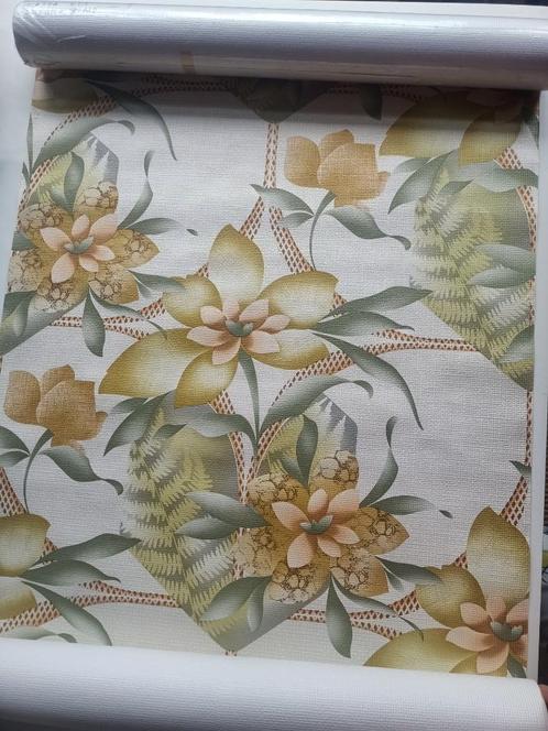 Behang jaren '50 2 rollen bloemenprint, Huis en Inrichting, Stoffering | Behang, Wit, Beige, Bruin, Groen, Roze, minder dan 10 m²