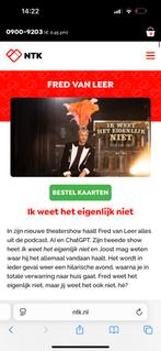 Ruilen! Kaartjes Fred van Leer 31 oktober 20.00 rij 3, Tickets en Kaartjes, Twee personen, Oktober