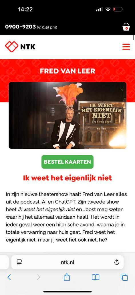 Ruilen! Kaartjes Fred van Leer 31 oktober 20.00 rij 3, Tickets en Kaartjes, Theater | Musical, Twee personen, Oktober
