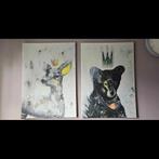Set van 2 schilderijen: Beer en Hert met Kroon, Antiek en Kunst, Kunst | Schilderijen | Klassiek, Ophalen of Verzenden