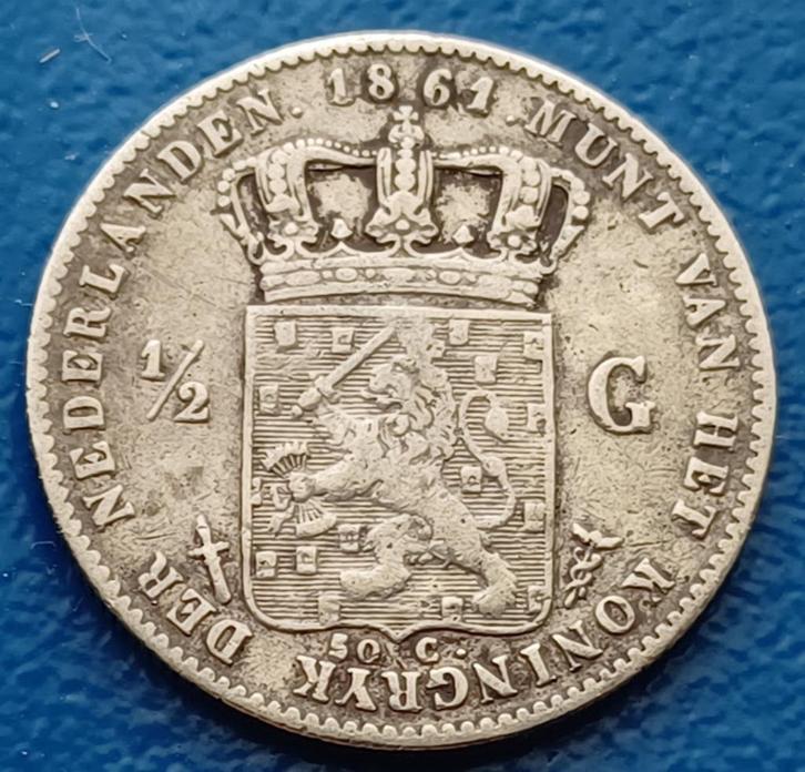 1/2 gulden 1861 - Willem III (a), Postzegels en Munten, Munten | Nederland, Losse munt, ½ gulden, Koning Willem III, Zilver, Verzenden