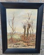 Knotwilgen in weids landschap.  Sign. Olie/doek. 39/49 cm., Antiek en Kunst, Ophalen