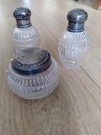 Glazen flesjes + potje met verzilverde dop voor op kaptafel, Ophalen