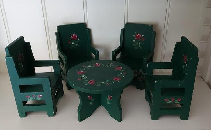 Vintage 4 stoeltjes + tafel popjes knuffels handbeschilderd, Antiek en Kunst, Antiek | Speelgoed, Ophalen of Verzenden