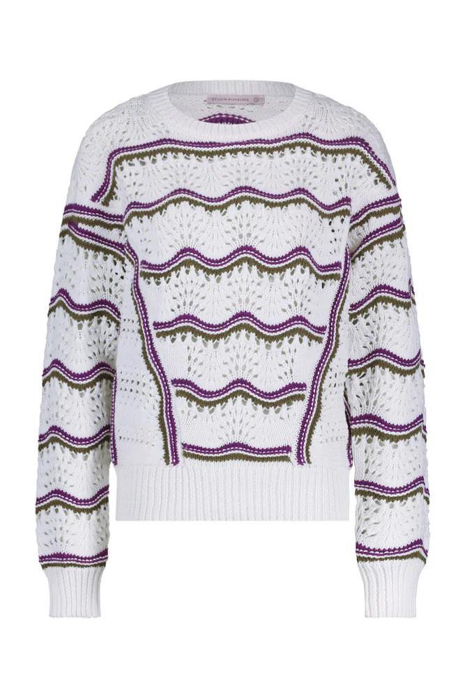 Nieuw wit met paars/groen ajour trui Studio Anneloes S en L, Kleding | Dames, Truien en Vesten, Nieuw, Maat 36 (S), Wit, Ophalen of Verzenden