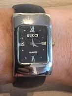 Gucci horloge vintage, met klemband zilver zwarte leren band, Ophalen of Verzenden, Zo goed als nieuw