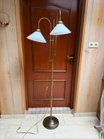 Antieke Staande Lamp met Twee Lampenkappen Messing, Ophalen