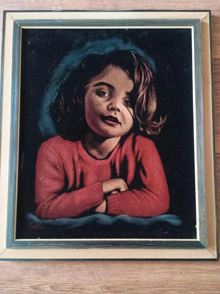 Vintage Meisje op Fluweel Schilderij, Antiek en Kunst, Kunst | Schilderijen | Klassiek, Ophalen of Verzenden