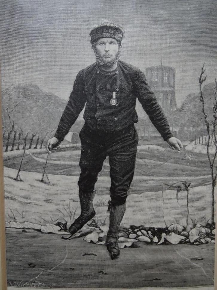 staalgravure schaatser Pieter Bruinsma wint Leeuwarden, 1886, Antiek en Kunst, Kunst | Etsen en Gravures, Verzenden