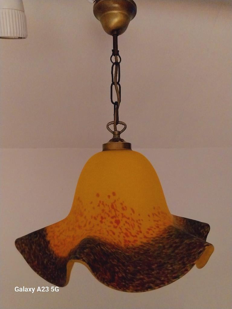 Vintage hanglamp tulp orannje glaspas gesigneerd Vianne, Antiek en Kunst, Antiek | Lampen, Ophalen of Verzenden