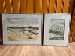 4 schilderijen in metalen lijst, glas (3 met passe-partout), Ophalen, Minder dan 50 cm, Schilderij