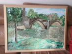 Schilderij brug Semois Bouillon P. van de Wouw, Huis en Inrichting, Ophalen, Gebruikt, 50 tot 75 cm, Schilderij