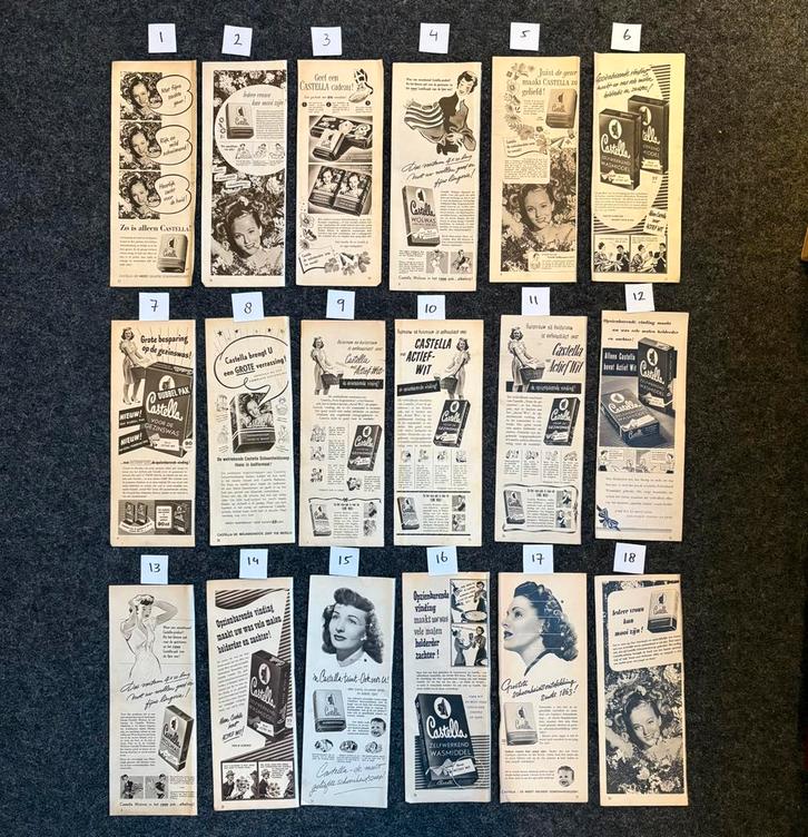 18 advertenties ‘Castella schoonheidszeep’ (1948-1951), Verzamelen, Tijdschriften, Kranten en Knipsels, Knipsel(s), 1940 tot 1960