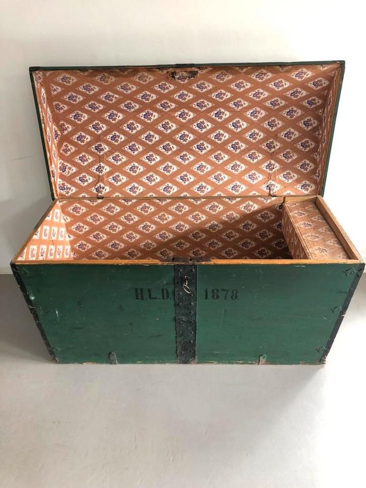 Antieke groene houten kist uit Zweden gemerkt 1878, Huis en Inrichting, Woonaccessoires | Kisten, Gebruikt, 75 cm of meer, 125 cm of meer