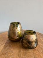 Set van 2 PTMD Waxinelichthouders – Groen/Goud Glas, Overige materialen, Ophalen of Verzenden, Zo goed als nieuw, Minder dan 25 cm