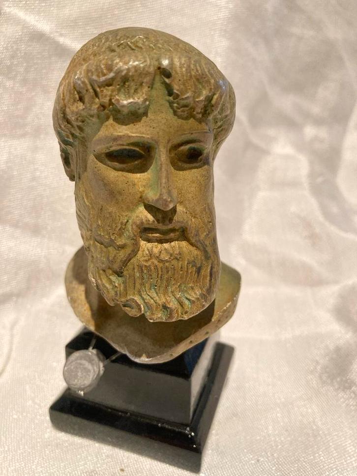 Zeus Hoofd ,Replica - Gepatineerd Gips op Houten Voet, Antiek en Kunst, Kunst | Beelden en Houtsnijwerken, Ophalen of Verzenden