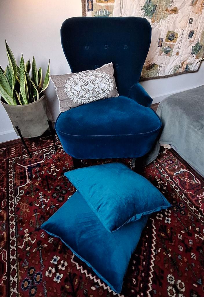 IKEA Remsta Fauteuil Djuparp Fluweel Groenblauw Blauw ZGAN, Huis en Inrichting, Fauteuils, Zo goed als nieuw, Ophalen