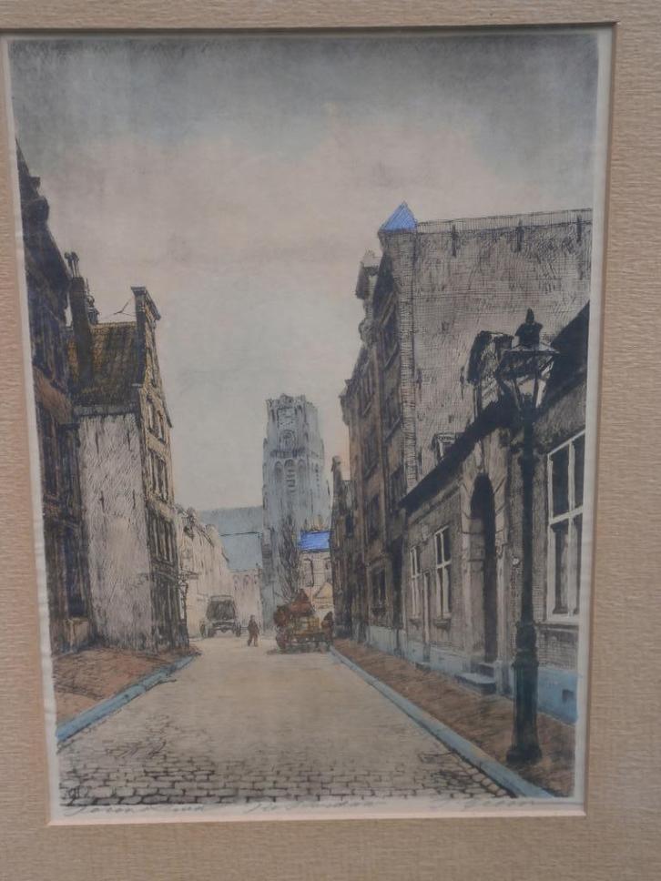 Rotterdam, Kleurets, Laurenstoren met Torenstraat, Antiek en Kunst, Kunst | Etsen en Gravures, Ophalen of Verzenden