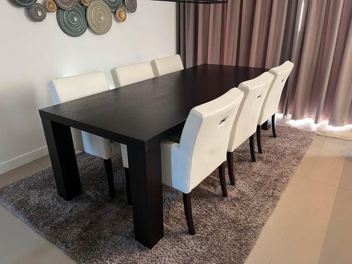 Eetkamer tafen met 6 wit lederen stoelen, Huis en Inrichting, Complete eetkamers, Gebruikt, 6 tot 8 stoelen, Ophalen