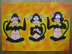 handgeschilderd schilderij: Horen zien en zwijgen Aapjes, Ophalen, Minder dan 50 cm, Oorspronkelijke maker, Nieuw