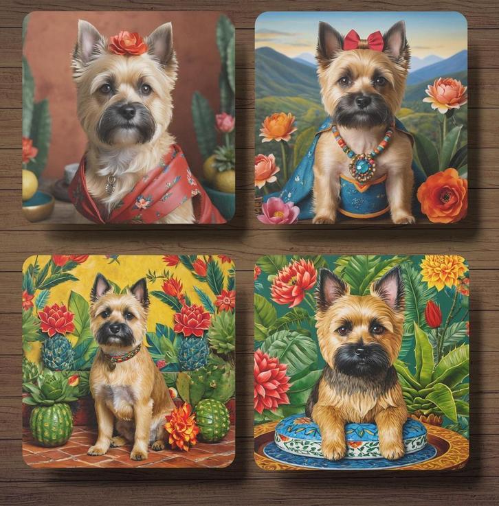 Cairn Terriër Frida Kahlo onderzetters met houder, Huis en Inrichting, Woonaccessoires | Onderzetters, Nieuw, Glas of Kopje, Ophalen of Verzenden