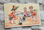 Kinderen met hondje scheppen op het strand - met versje, Verzenden, 1940 tot 1960, Ongelopen, Kinderen