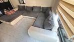 Grijze hoekbank met wit leer en stof, Huis en Inrichting, Ophalen, Gebruikt, 150 tot 200 cm, Hoekbank