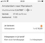 4x vliegticket enkele reis Schiphol -> Marrakech, Tickets en Kaartjes, Trein, Bus en Vliegtuig, Drie personen of meer, Bus, Metro of Tram