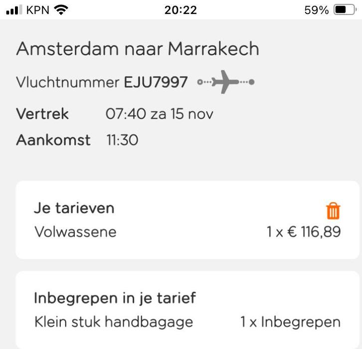 4x vliegticket enkele reis Schiphol -> Marrakech, Tickets en Kaartjes, Trein, Bus en Vliegtuig, Drie personen of meer, Algemeen kaartje