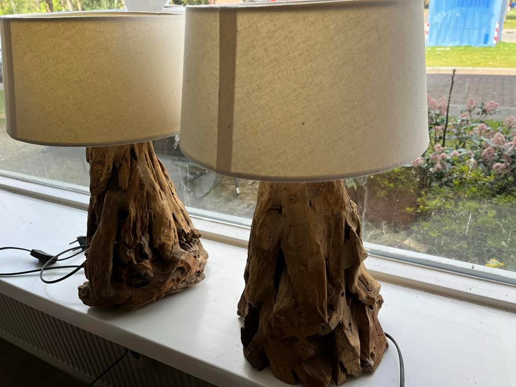 Set van 2 Nette Tafellampen met Houten Voet, Ophalen, Gebruikt, Hout, 50 tot 75 cm