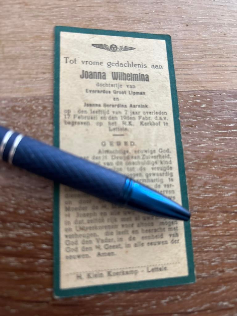 Groot Lipman Joanna 1931 Linde Diepenveen Lettele dv Aarnink, Ophalen of Verzenden, Bidprentje