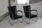 2 Vintage '50 Mat Chroom Zwart Leren Gispen 412 Fauteuils, Ophalen, Minder dan 75 cm, Gispen Culemborg, Zo goed als nieuw