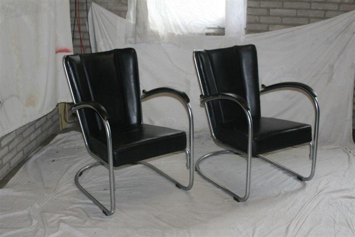2 Vintage '50 Mat Chroom Zwart Leren Gispen 412 Fauteuils, Huis en Inrichting, Fauteuils, Zo goed als nieuw, Leer, Metaal, 50 tot 75 cm