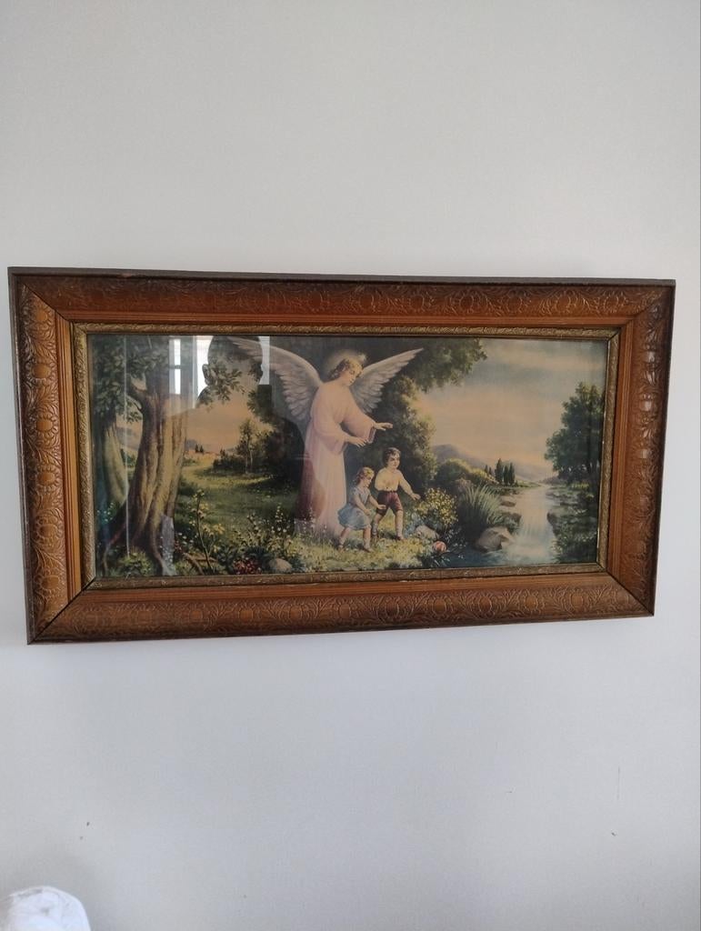 Oud schilderij met beschermengel en kinderen, Ophalen of Verzenden