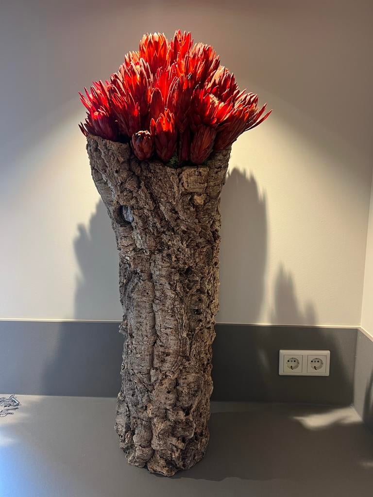 Unieke kurken vaas met gedroogde Protea bloemen, hoogte 100, Huis en Inrichting, Woonaccessoires | Vazen, Zo goed als nieuw, Overige kleuren