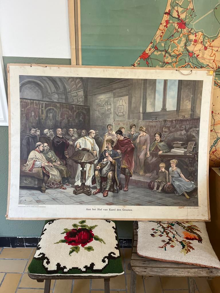 Schoolplaat: Aan het Hof van Karel den Grooten, Antiek en Kunst, Antiek | Schoolplaten, Ophalen, Geschiedenis
