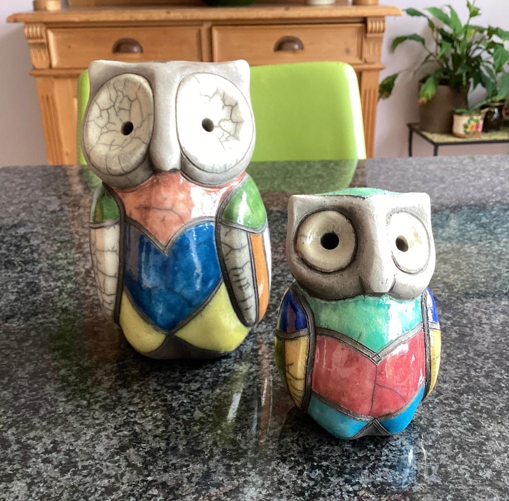 Beeld, uil, Raku gestookt, Zuid Afrika, handgemaakt, set, Ophalen, Minder dan 20 cm, Steen of Keramiek, Beeld