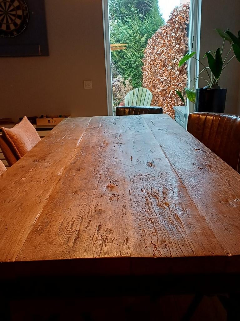 MEGAGOEDKOOP EIkenhouten eettafel 220x90 met stalen poten, Huis en Inrichting, Tafels | Eettafels, Ophalen, Gebruikt, Teakhout