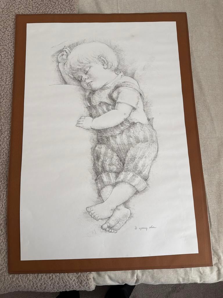 Twee tekeningen van slapende baby's, Antiek en Kunst, Ophalen