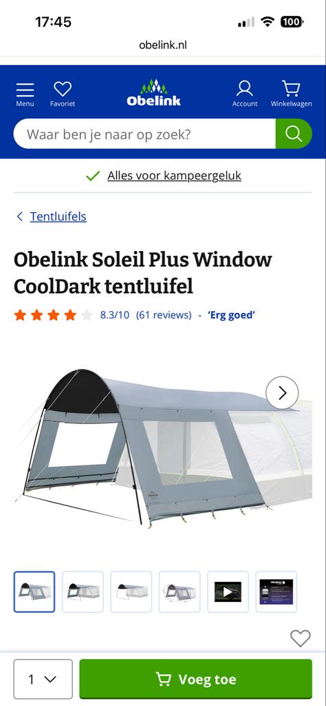 Obelink Soleil Plus Window CoolDark tentluifel, Caravans en Kamperen, Ophalen of Verzenden, Zo goed als nieuw