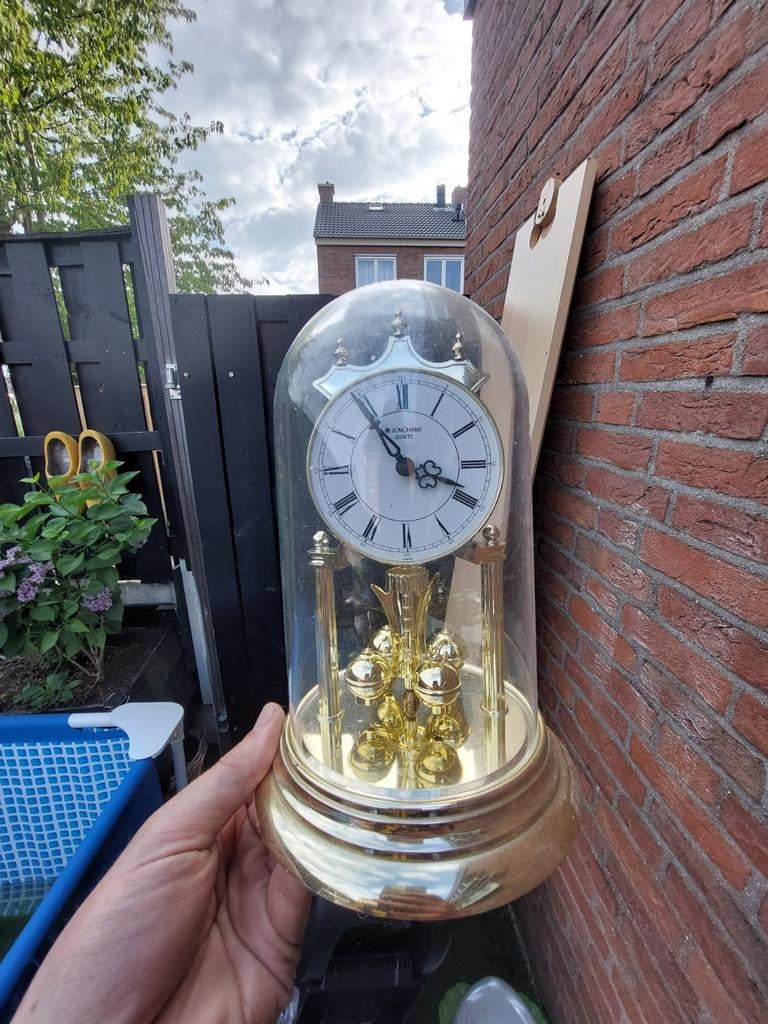 Vintage tafelklok met glazen stolp - messing, Antiek en Kunst, Ophalen