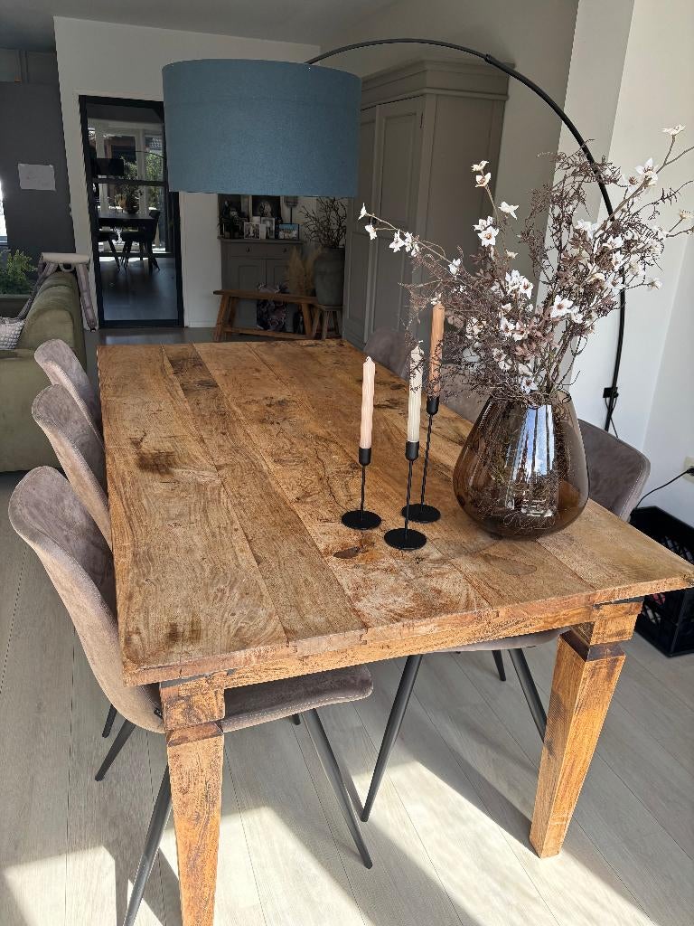 Prachtige teakhouten eettafel met 6 stoelen, Ophalen, Gebruikt, 100 tot 150 cm, Teakhout