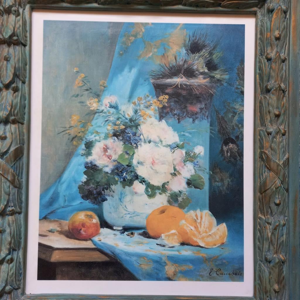 Ingelijste print: Stilleven met bloemen en fruit, Antiek en Kunst, Kunst | Schilderijen | Klassiek, Ophalen of Verzenden