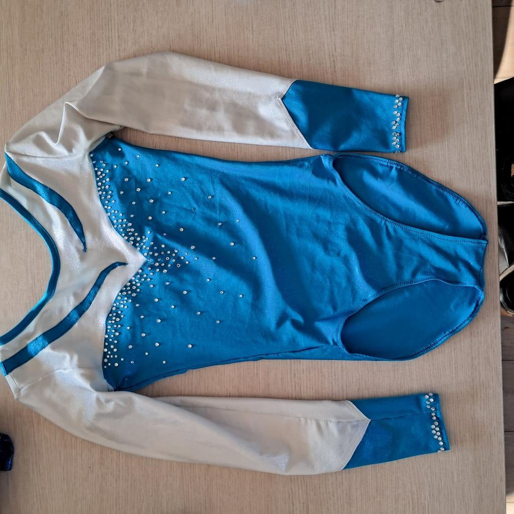Mooi turnpakje maat 164/XS - Blauw/Wit met steentjes, Gebruikt, Blauw, Ophalen of Verzenden, Turnpak(je)