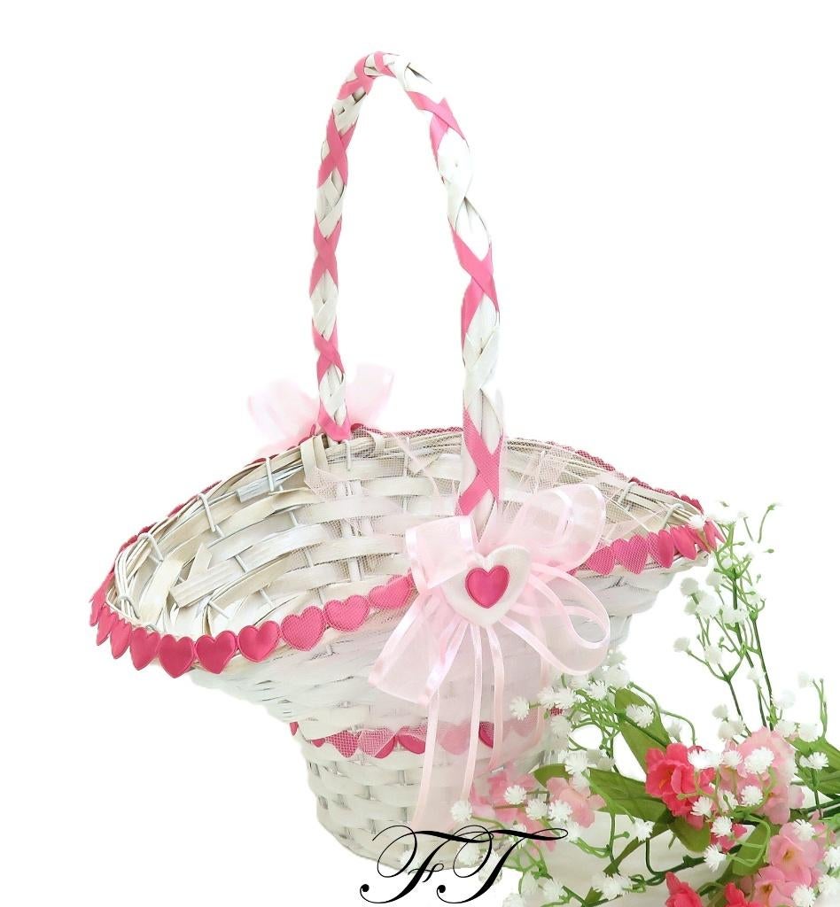 Schitterende witte rieten strooimandje met roze hartjes., Ophalen of Verzenden, Nieuw, Versiering, Geboorte of Huwelijk