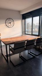 Robuust houten tafel stalen frame + 3 stoelen ProfijtMeubel, Ophalen, 200 cm of meer, 50 tot 100 cm, Zo goed als nieuw