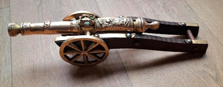 Antiek Messing Kanon met Houder op Wielen - 35 cm, Antiek en Kunst, Antiek | Overige Antiek, Ophalen of Verzenden