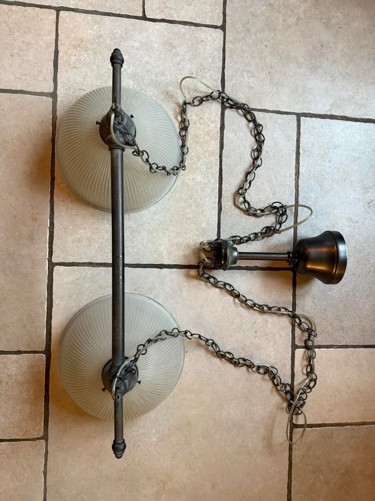 Retro industriële dubbele hanglamp, Huis en Inrichting, Lampen | Hanglampen, Ophalen, Zo goed als nieuw, Glas, 50 tot 75 cm
