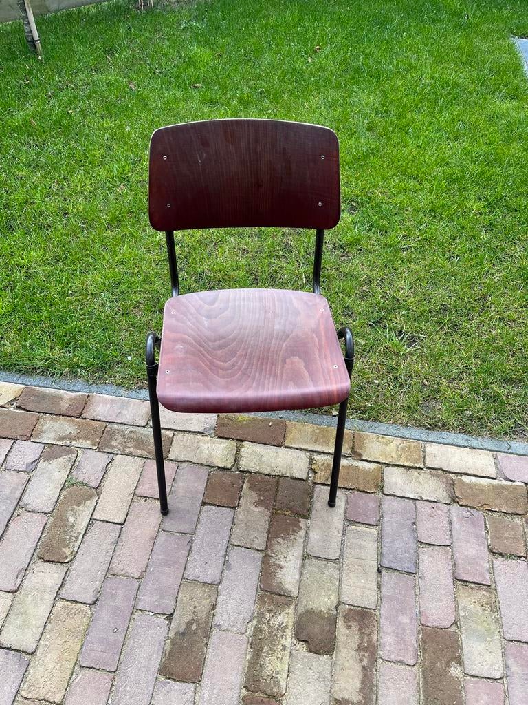 4 Stapelbare Oude Schoolstoelen - Vintage Design, Ophalen, Gebruikt, Bruin, Vier