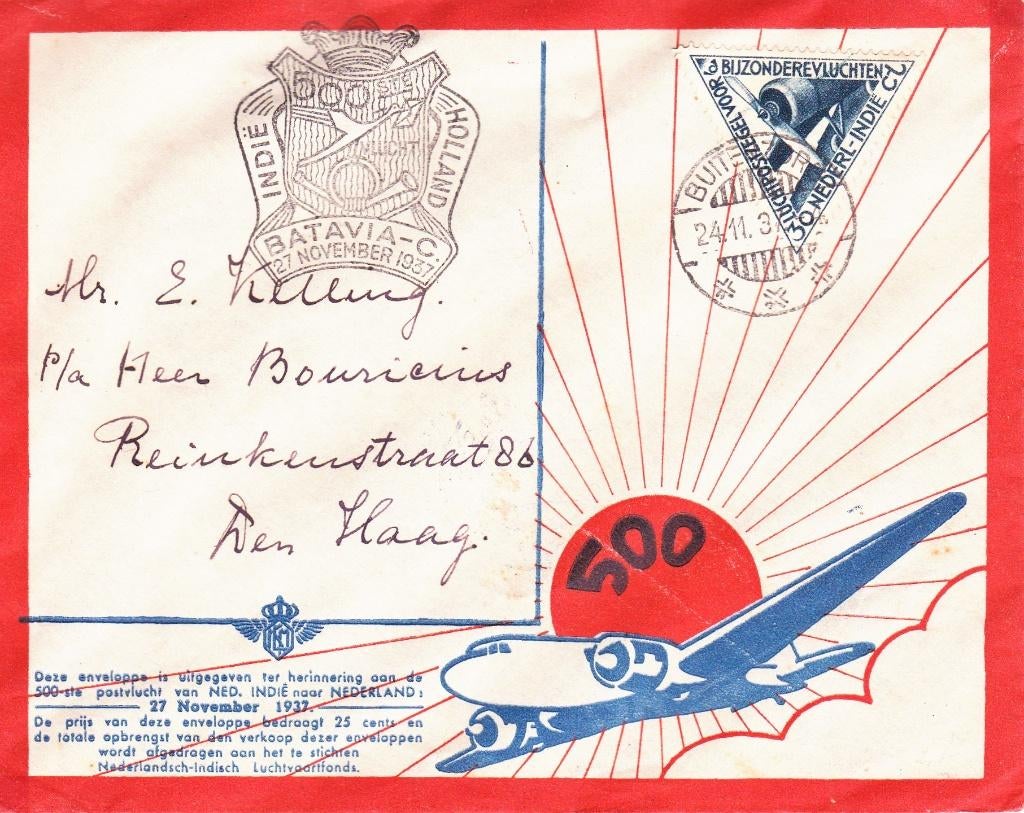 INDIE - BATAVIA - HOLLAND   27 NOVEMBER 1937, Postzegels en Munten, Ophalen of Verzenden, Envelop